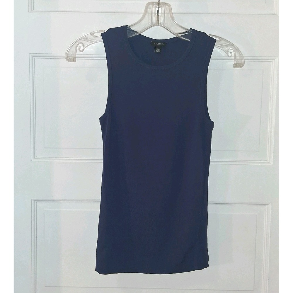 Ann Taylor Tank Top Women XXS Blue Excellent Ribbed Stretchy Raw Hem